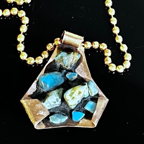 Kingman Turquoise Copper Pendant Necklace Brutalist Gift Choker 16" Handmade - Picture 1 of 5